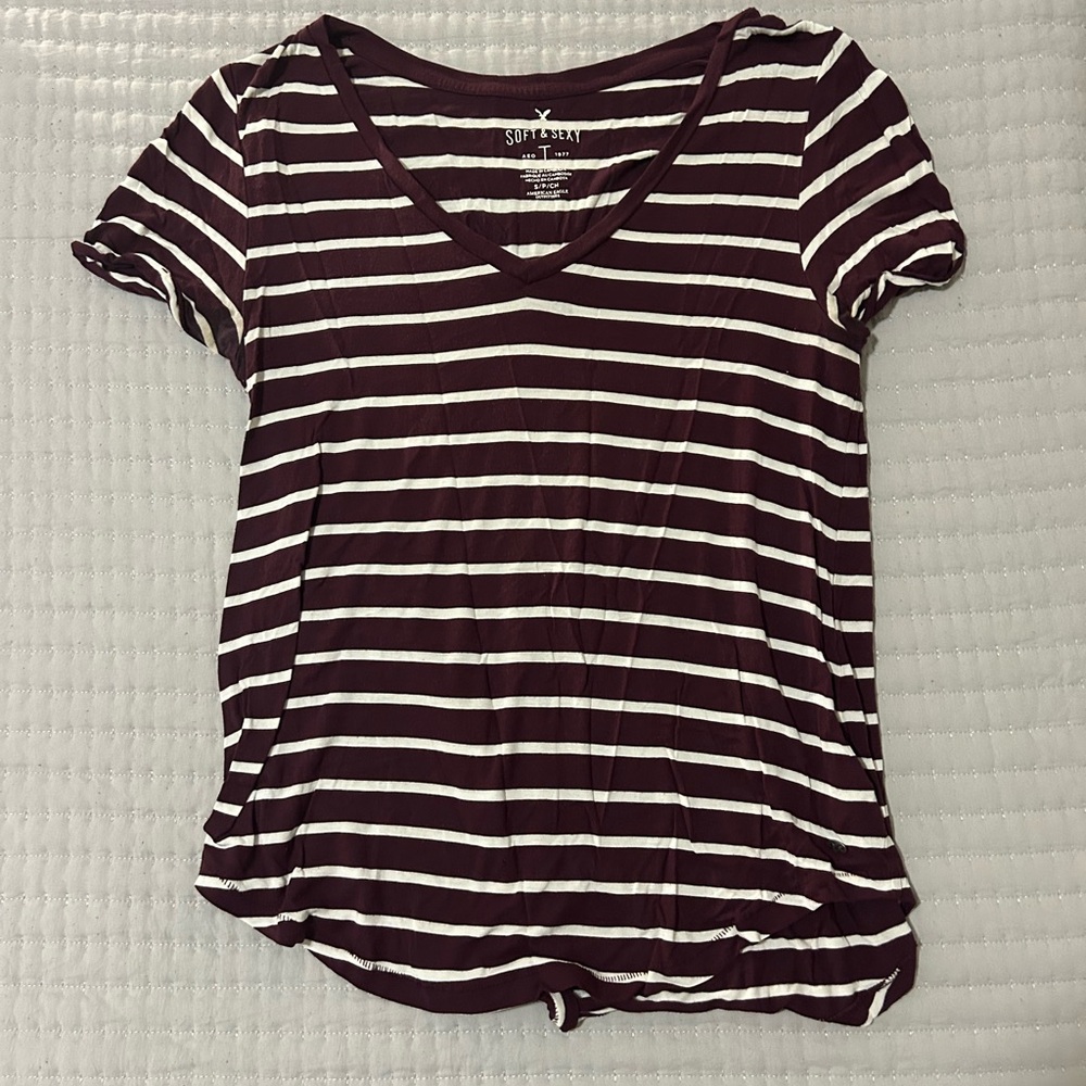 American Eagle Outfitters Women's Striped V-Neck Tee - Maroon and White